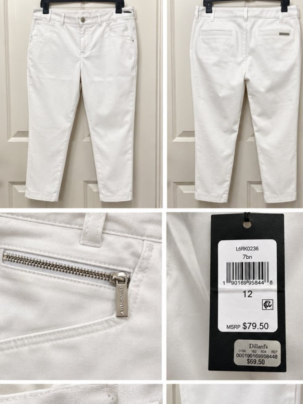 NWT Karl Lagerfeld Paris White Ankle Pants Size 12 Stretch Cotton Zip Pocket - Picture 2 of 4